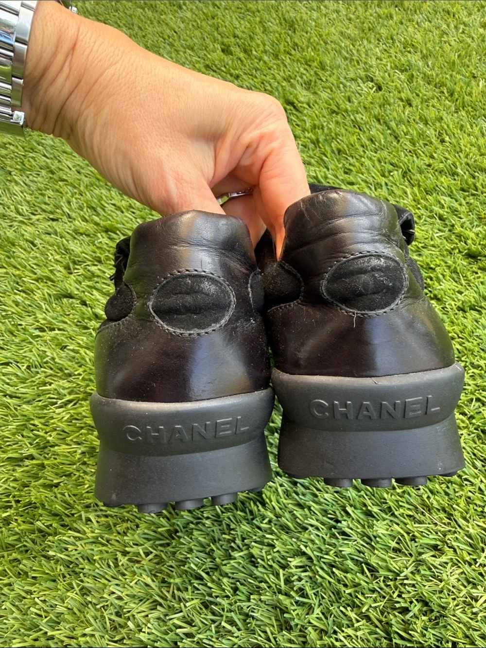 CHANEL Black Suede & Leather CC Logo Strap Sneakers